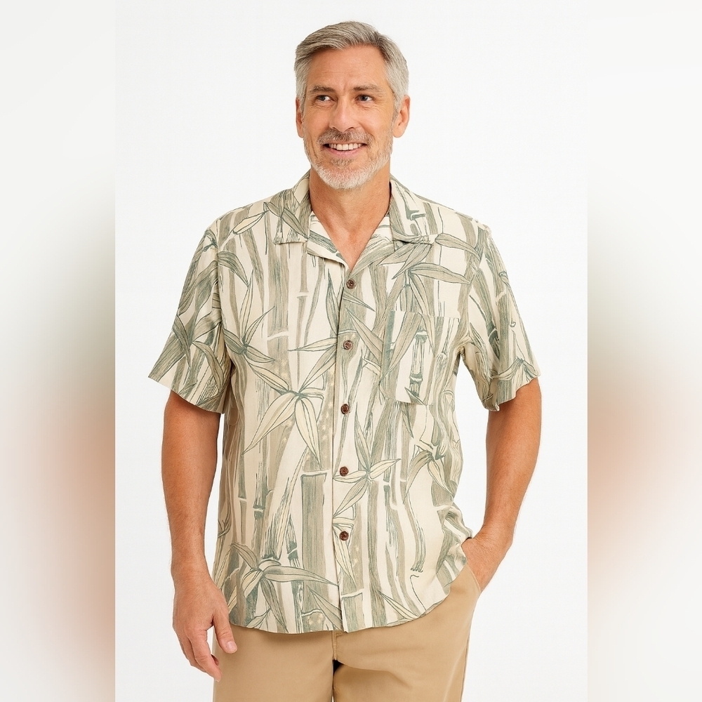 Tommy Bahama White Green Bamboo Silk Button Down Shirt Medium